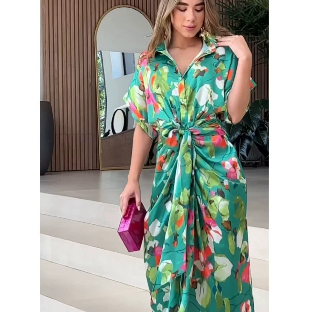 Forever 21 Women's Chic Loose Casual Printed Asymmetric Long Button Shirt Dress
